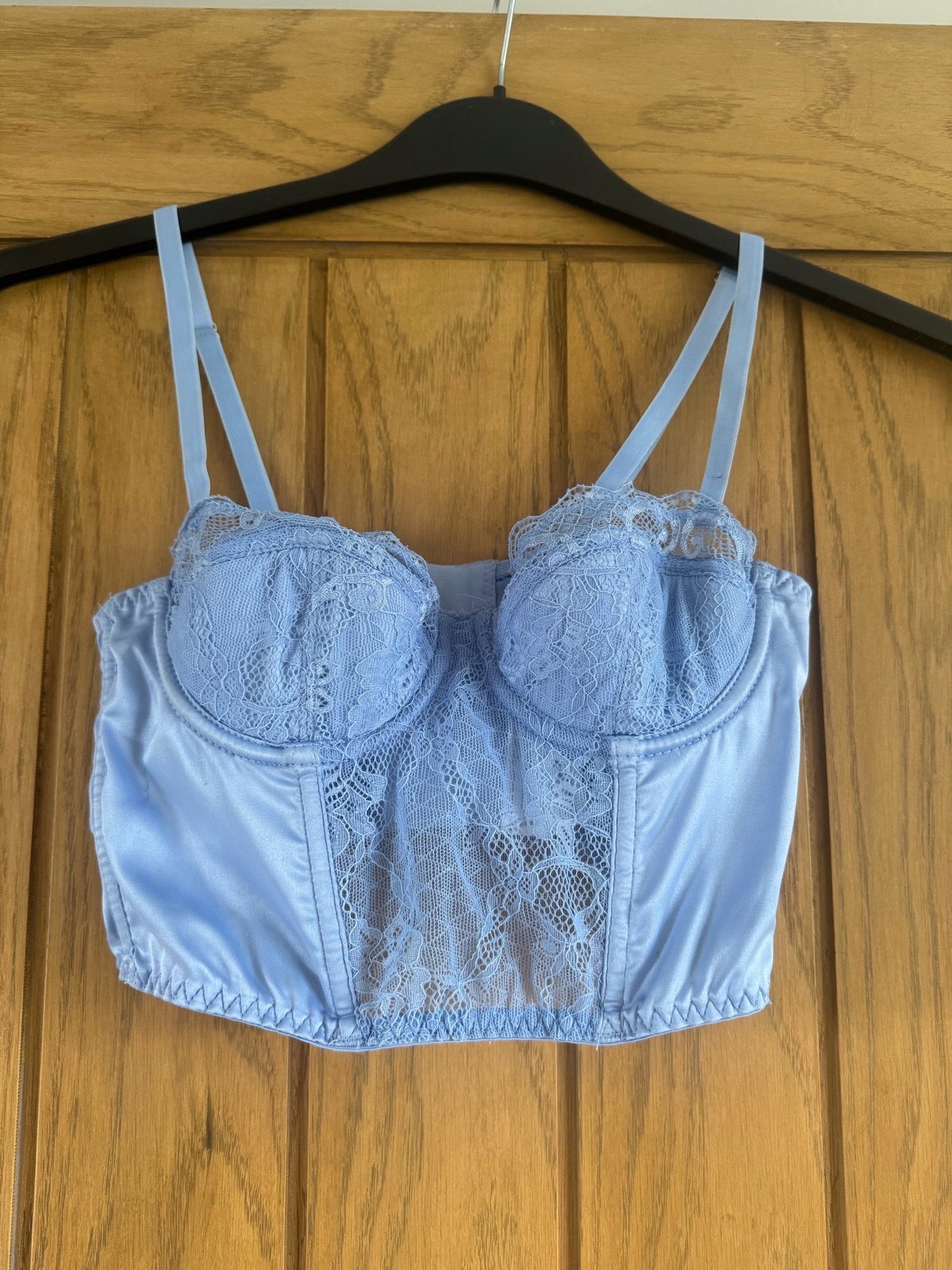 Primark light blue lace corset top with floral embroidery, size 32A