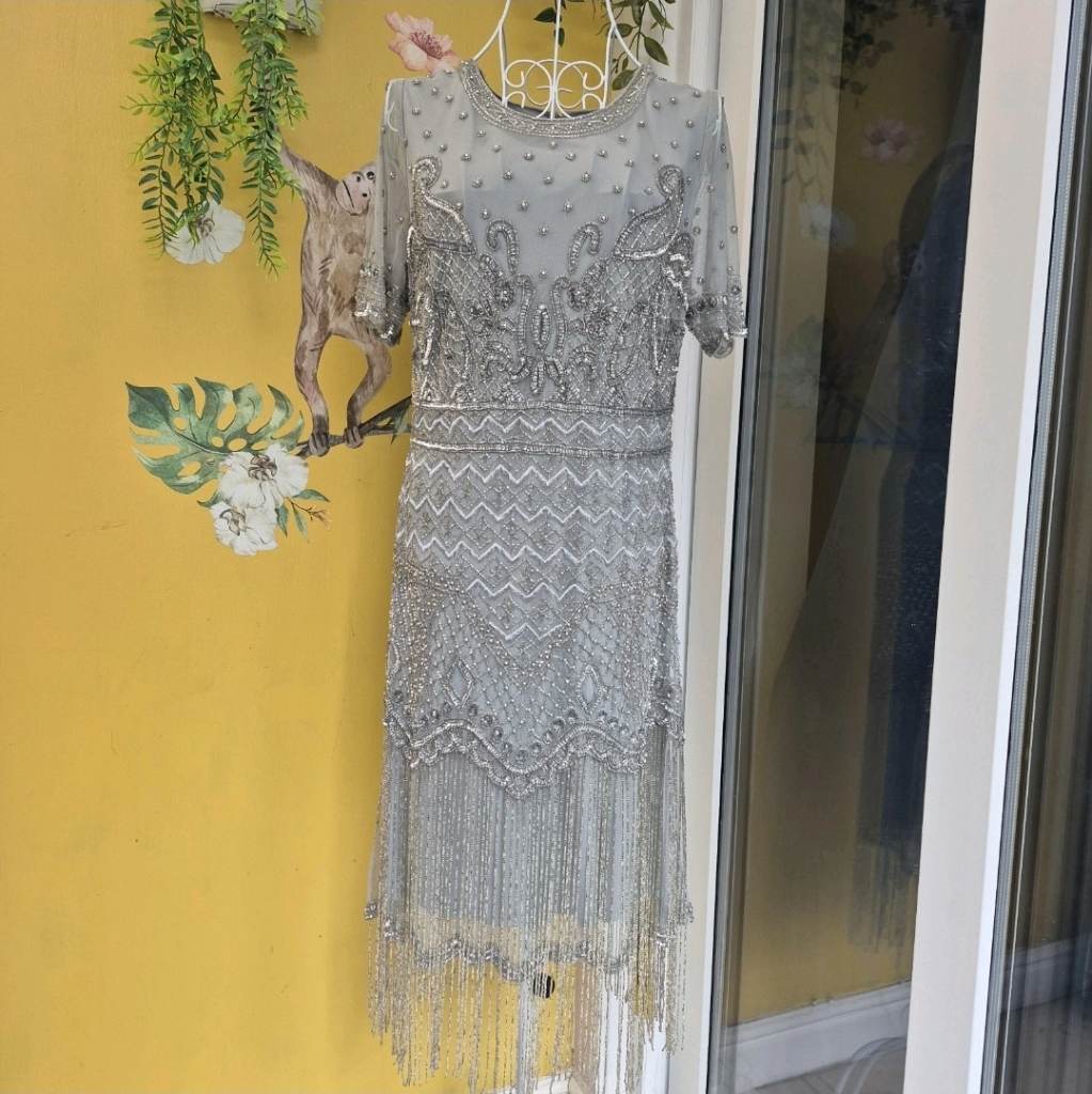 Grey Beaded Sequin Fringe Midi Dress Short Sleeve Round Neck UK 12
