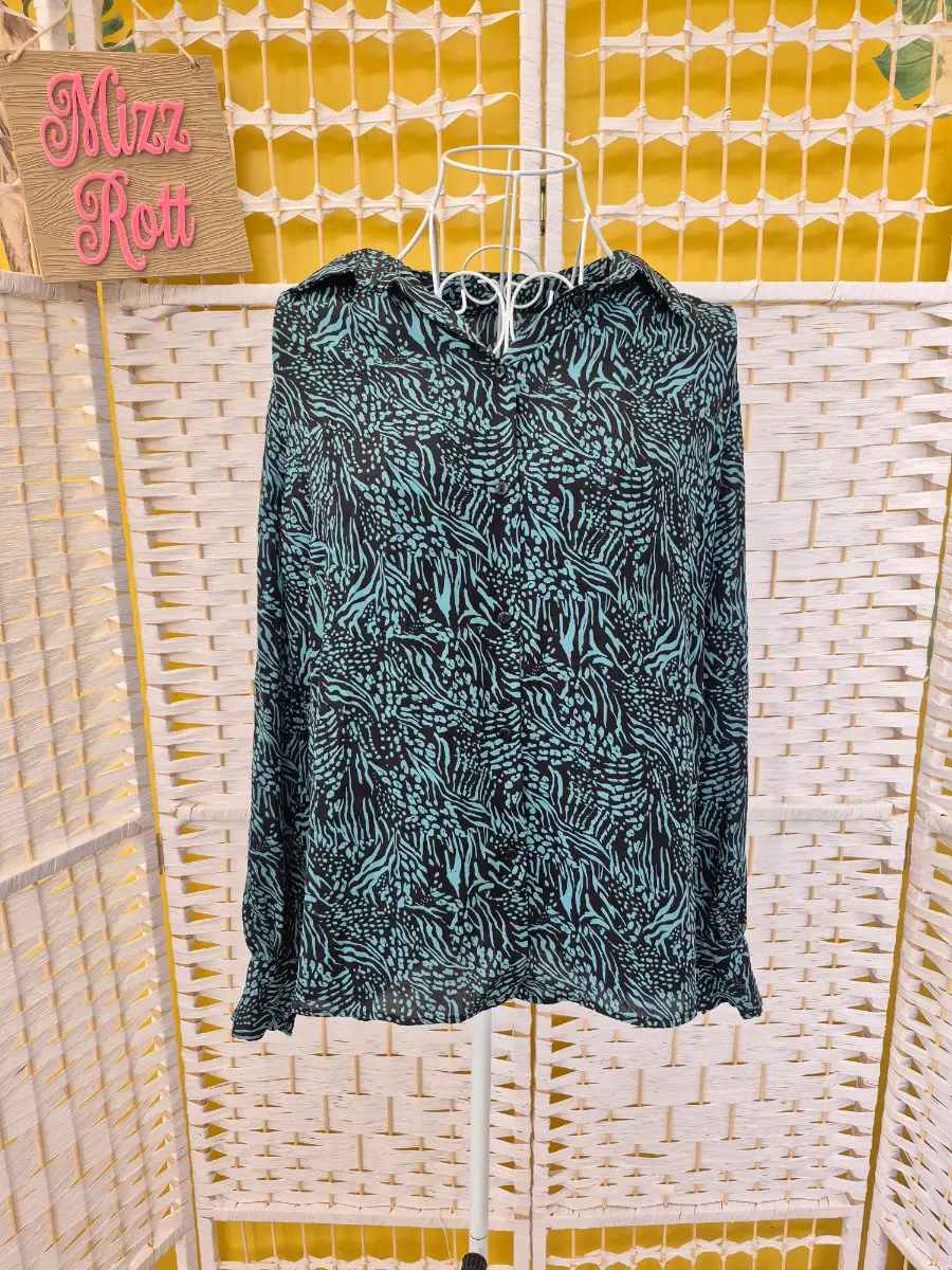 Dunnes Stores Black & Blue Animal Print Chiffon Blouse Collared - Size 14