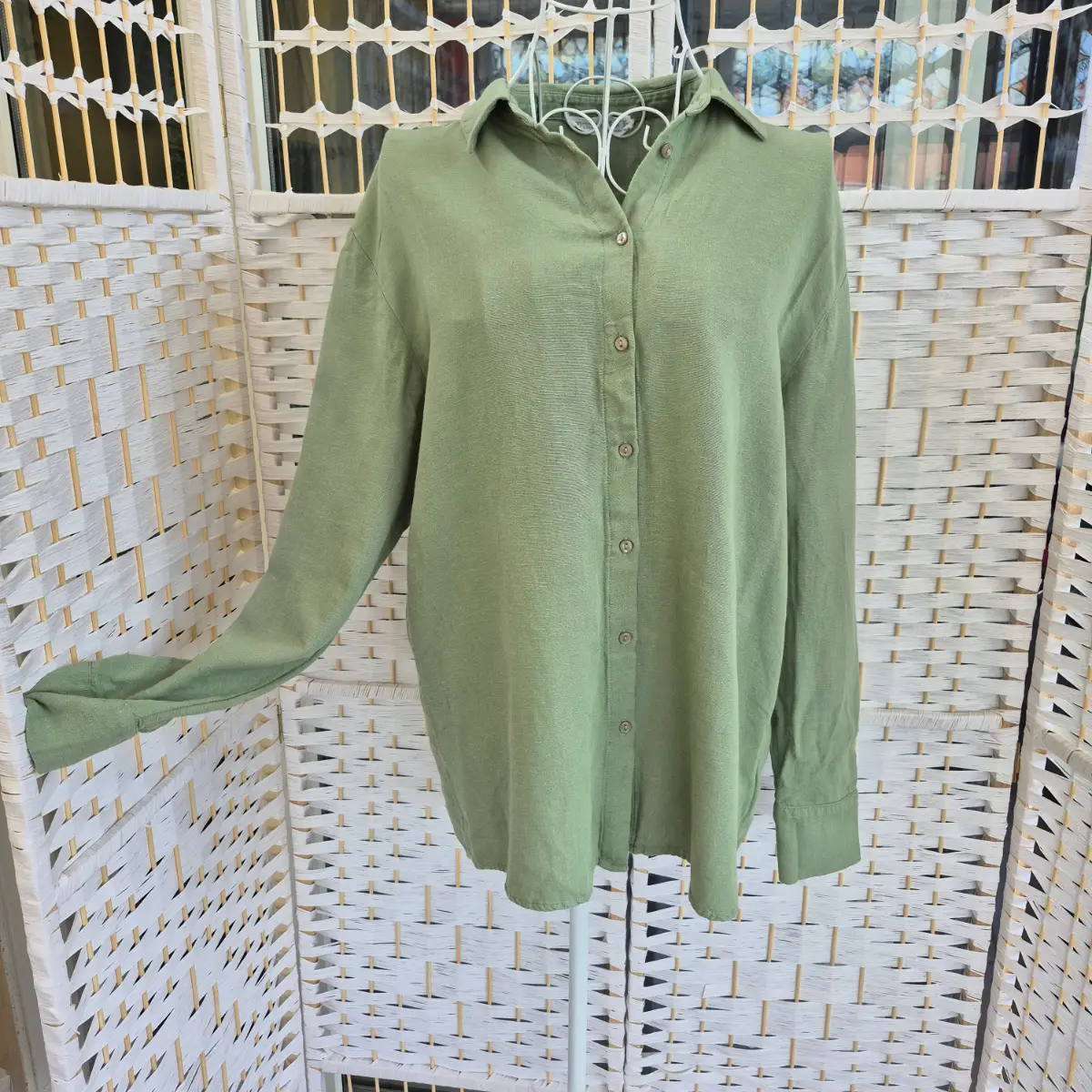 Sage Green Lightweight Long Sleeve Oversized Shirt - Size 6-8