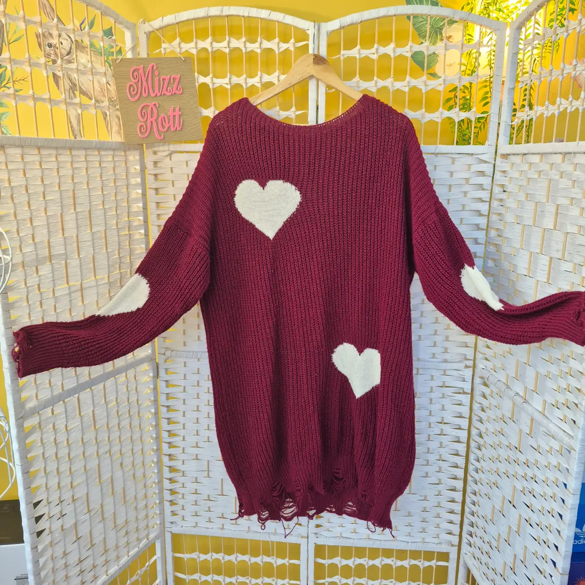 Distressed Heart Longline knit Jumper/Dress One Size Boho Burgundy