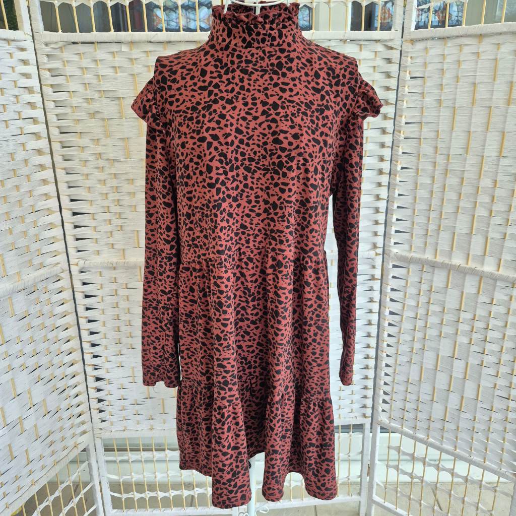 QED London Burgundy/Black Leopard Print High Neck Ruffle Smock Dress 14