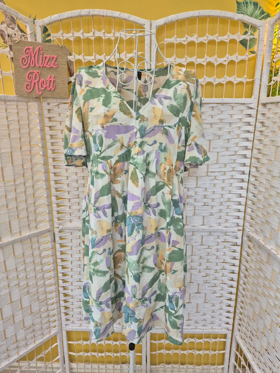 Floral Smock Dress – Sage Green & Lilac Watercolor Print – Size L (UK 12/14)