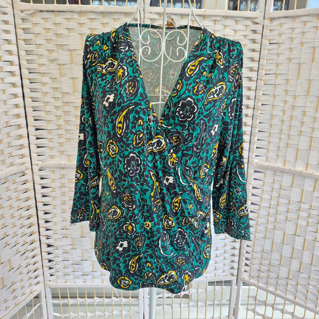EAST Paisley Floral Faux Wrap Top Green Yellow Size L
