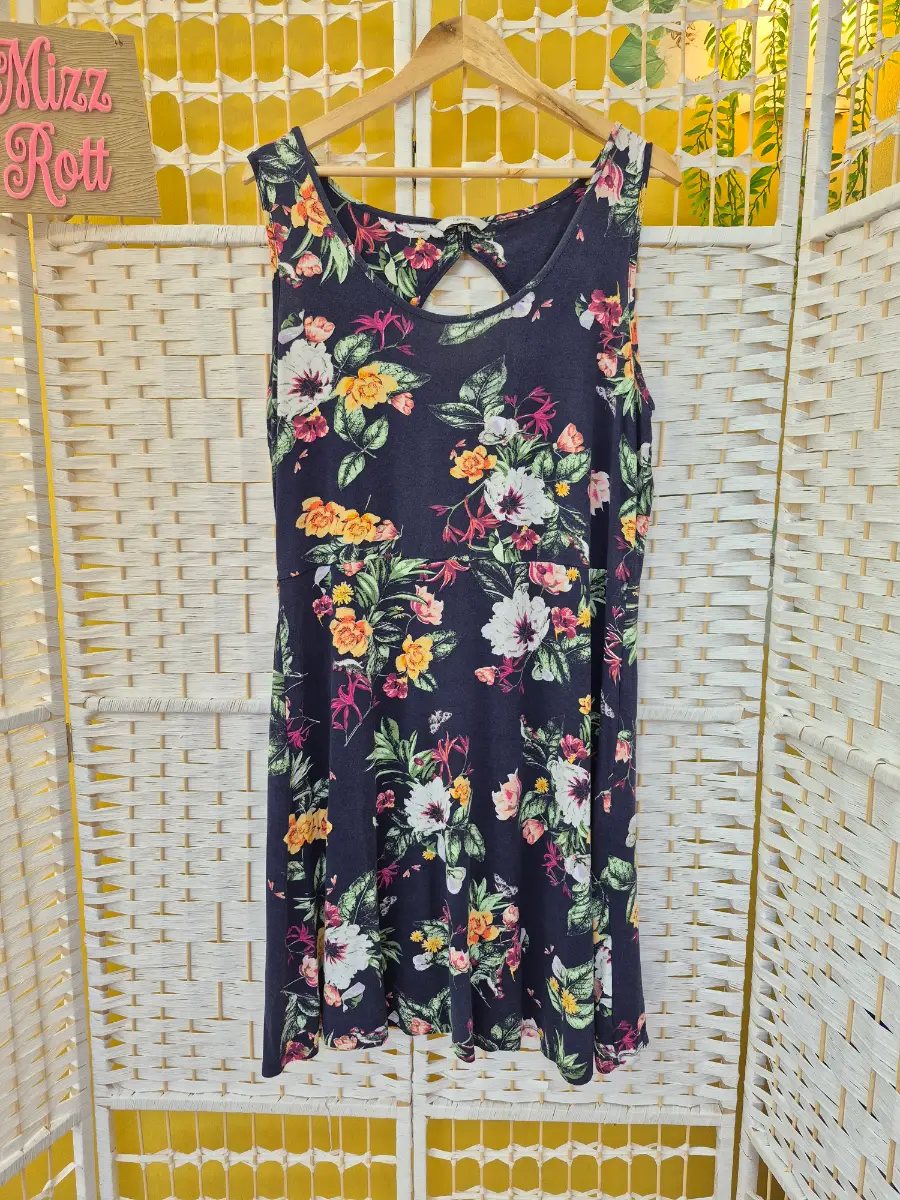 Navy Floral Sleeveless Summer Dress with Cut-Out Back - Size 18