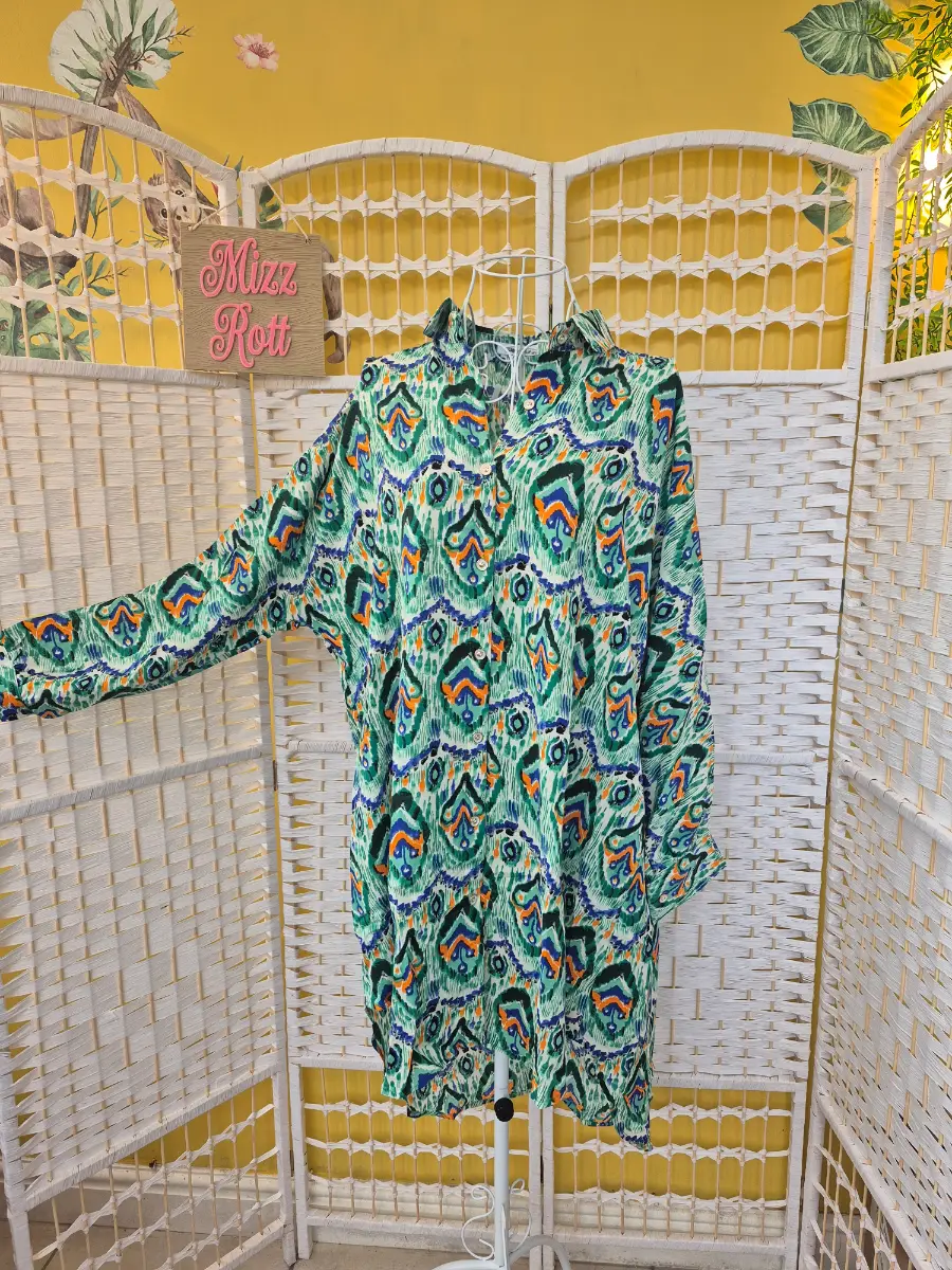 Ikat Print Button-Up Shirt Dress / Longline Shirt (Size M/L)