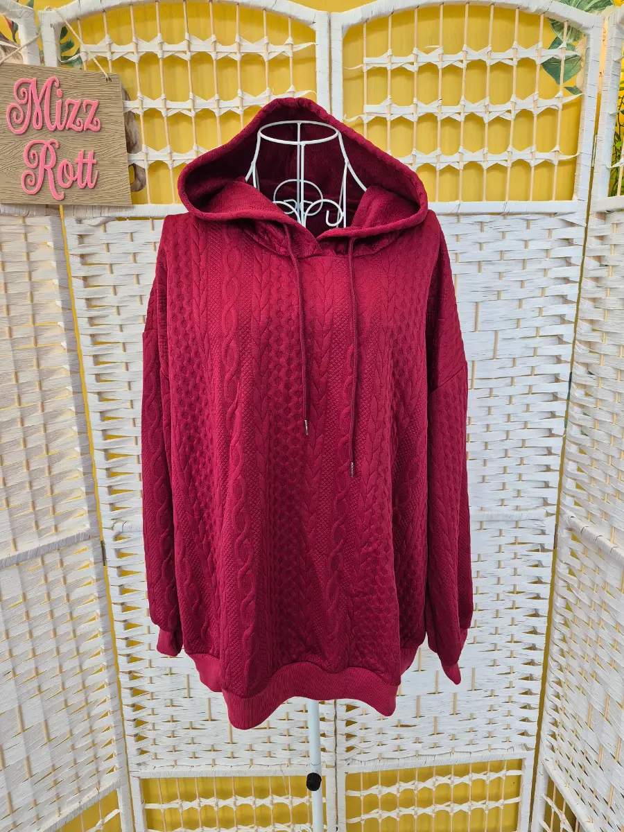 Burgundy Cable Knit Textured Lightweight Hoodie