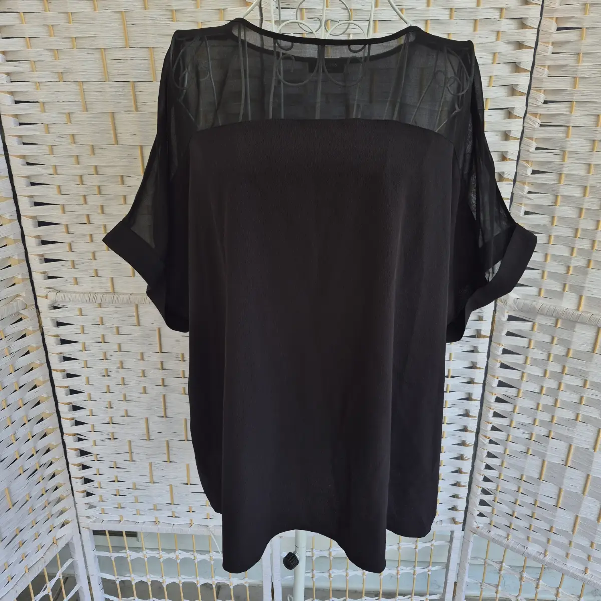 Black Short Sleeve Sheer Yoke Top - Plus Size UK 20