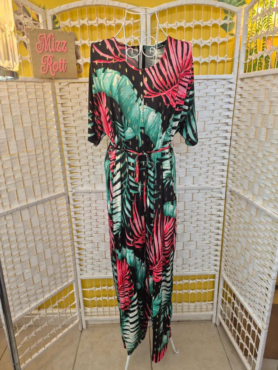 Leana Mode Tropical Palm Print Jumpsuit with Gold Foil Details 16-18