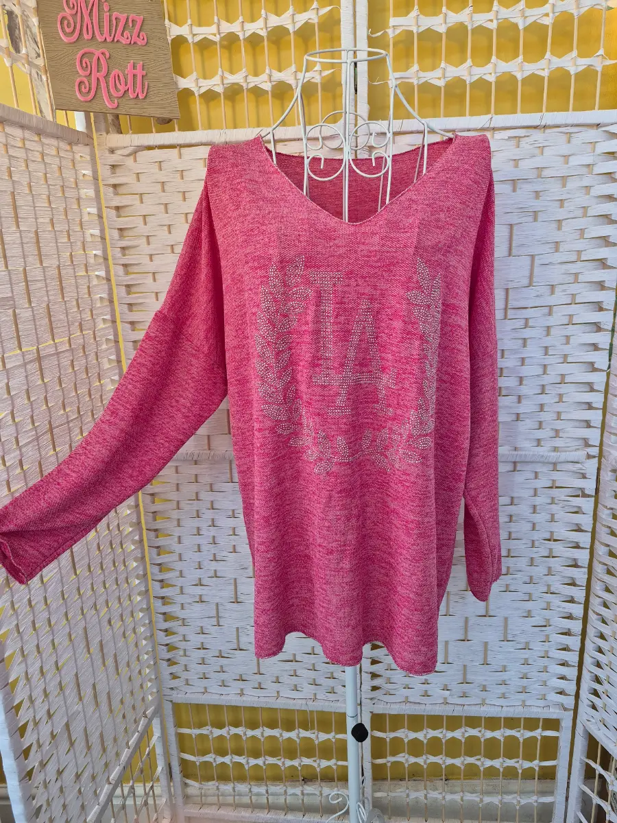 Hot Pink 'LA' Diamante Oversized light knit top UK 14-18