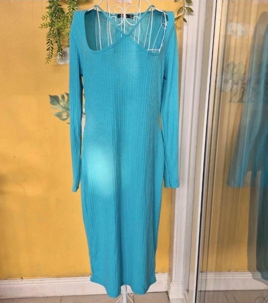 Boohoo Cobalt Blue Ribbed Cut Out Midi Dress Size 18 Brand New With Tags