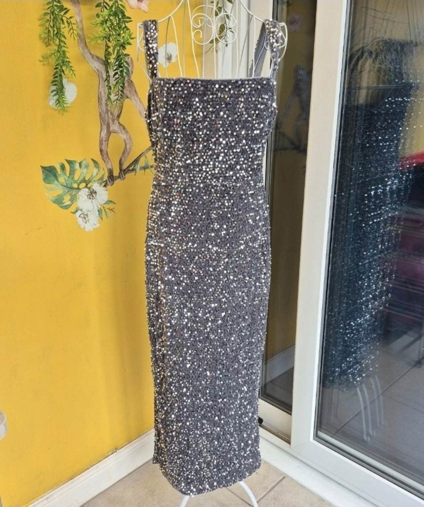 Silver Sequin Bodycon Midi Dress Sleeveless Straps Split Square Neck 14
