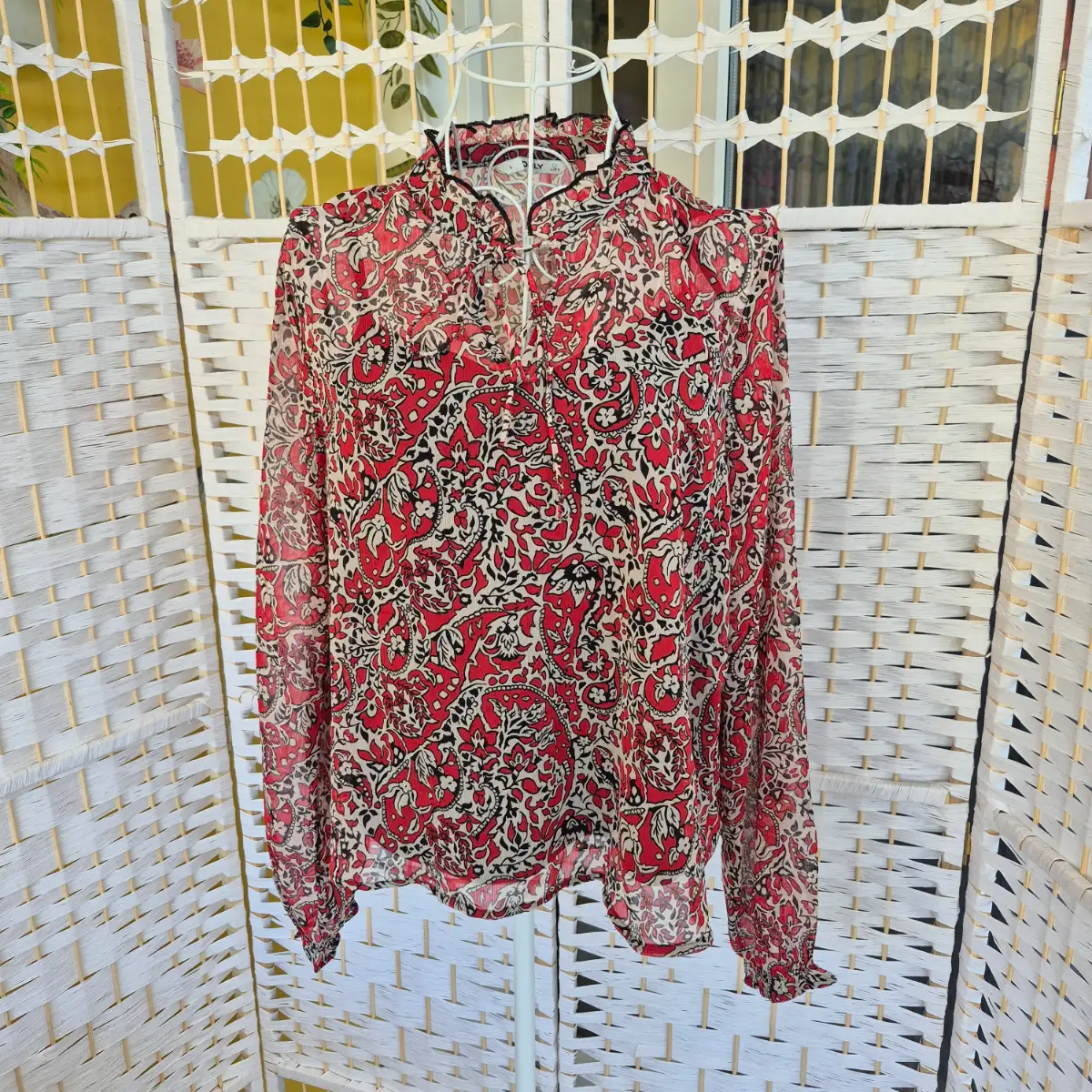 ONLY LIFE Red Paisley Sheer Blouse with Black Cami Underlay - Size L