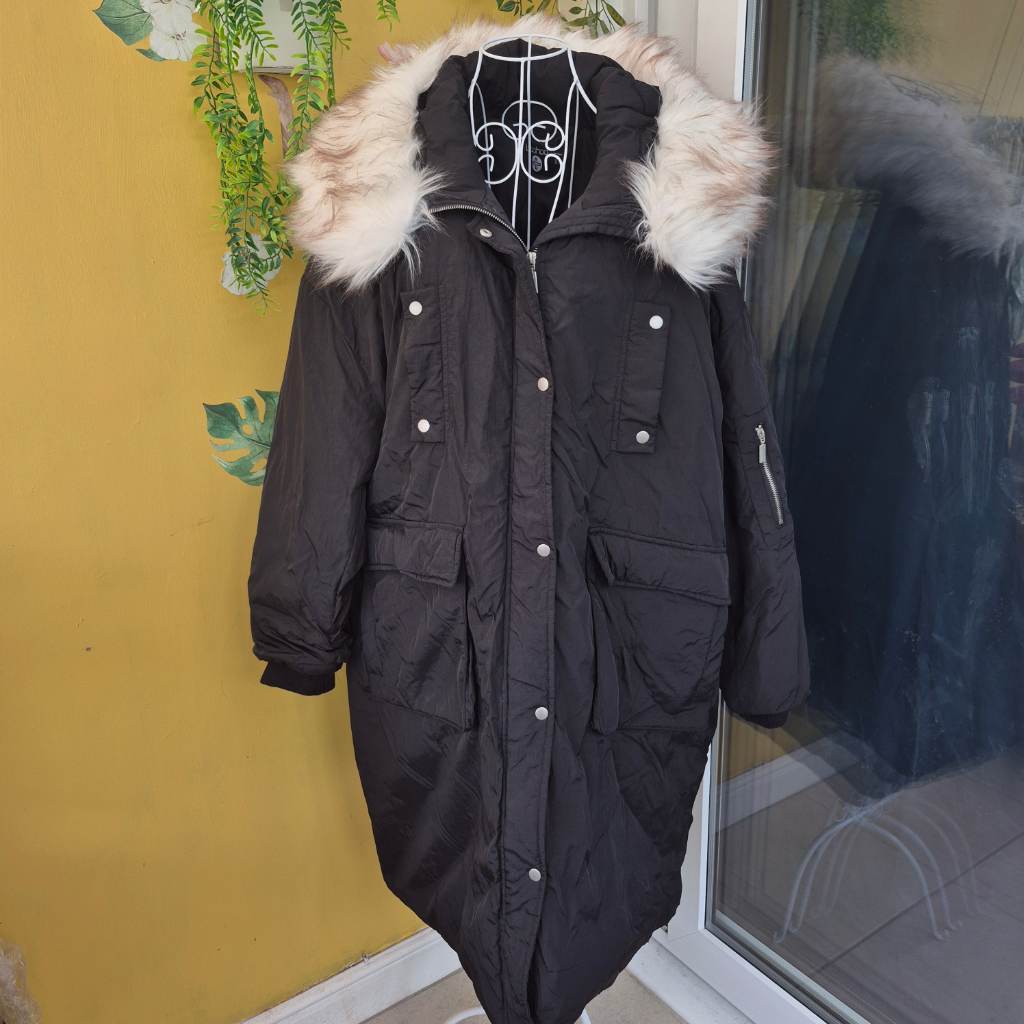 boohoo Plus Size 22 Black Polyester Fur Trim Hooded Parka Coat
