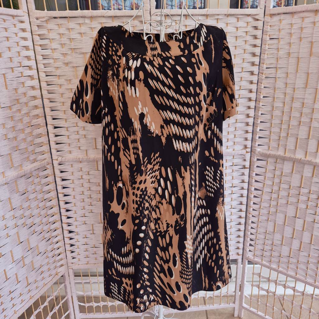 Style by EWM Abstract Print Shift Dress UK 20 Black Beige Animal Dot