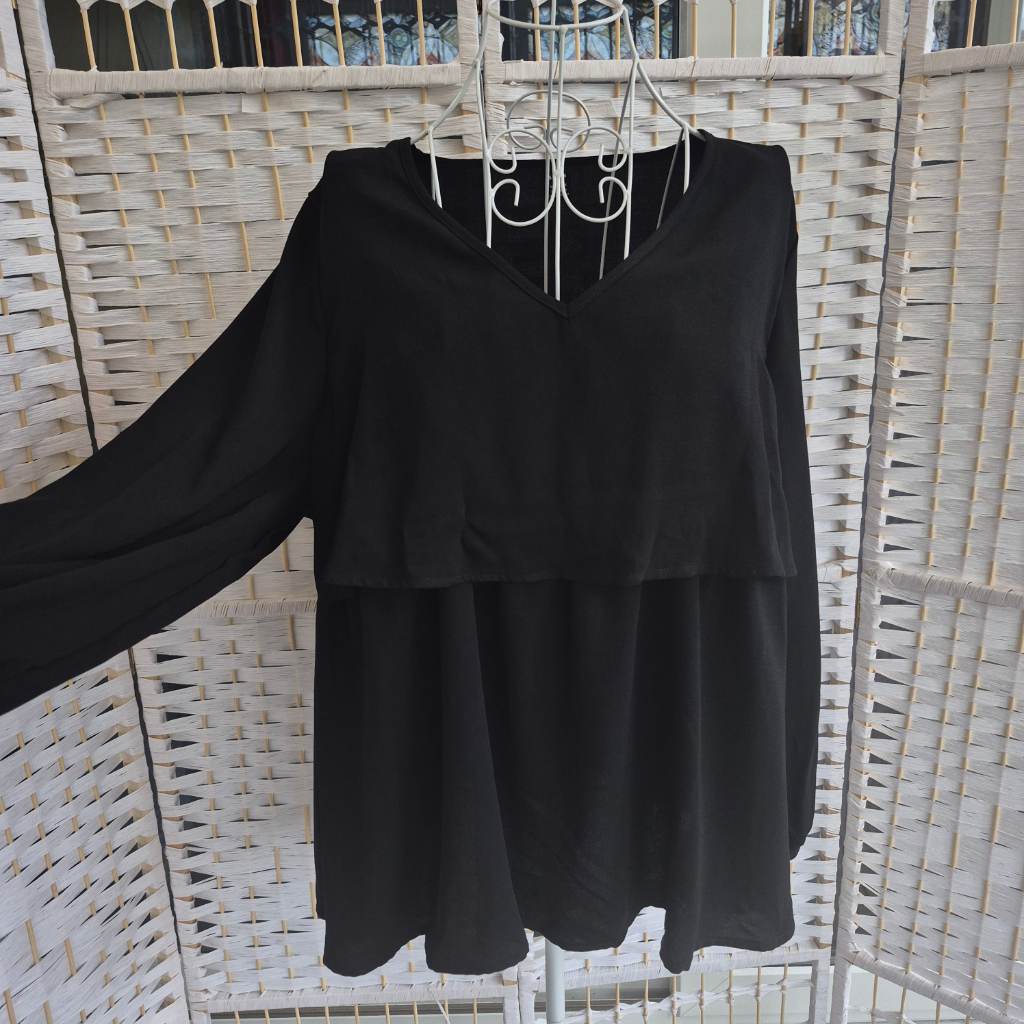 Black Double Layer Peplum Blouse Long Sleeve Size XXL
