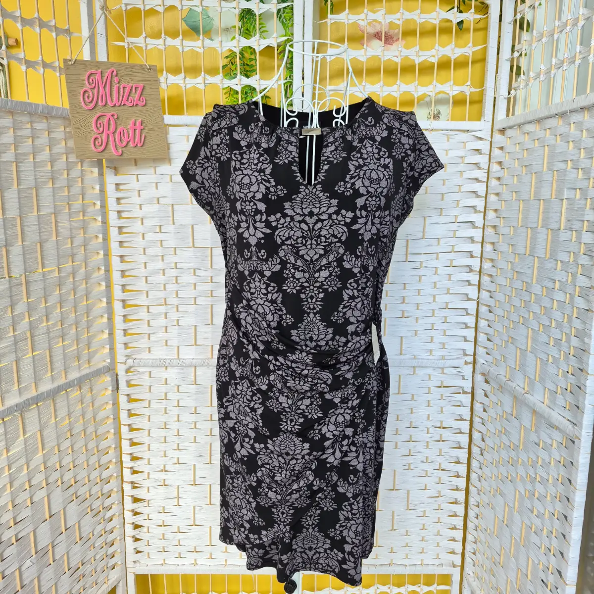 Black & Silver Glitter Damask Wiggle Dress - Size 14