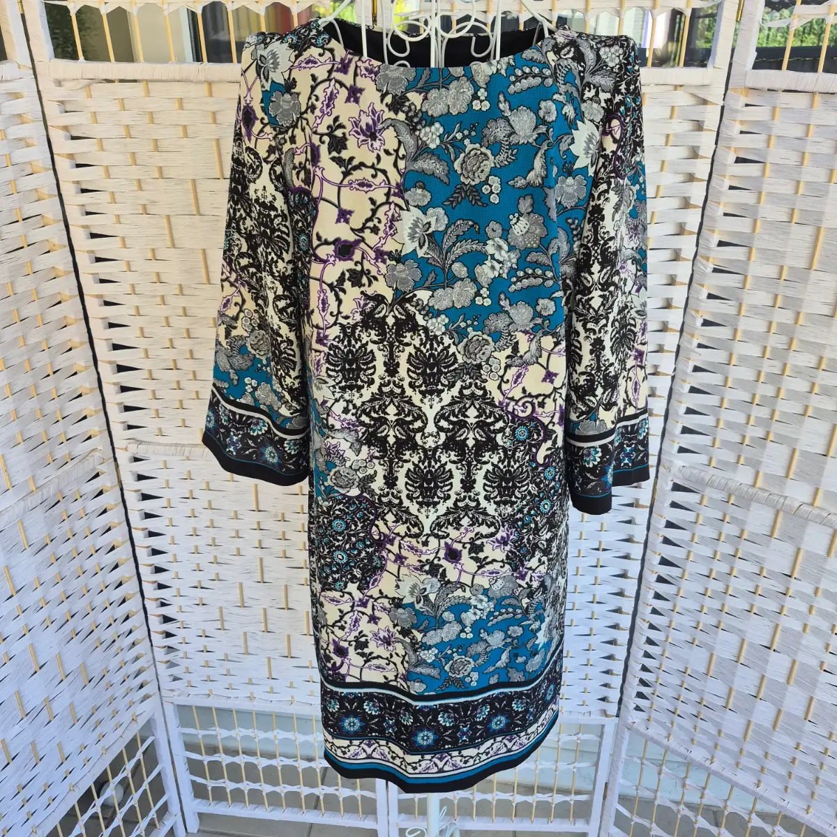 Bohemian Floral Patchwork Shift Dress with Back Zip - Size 12