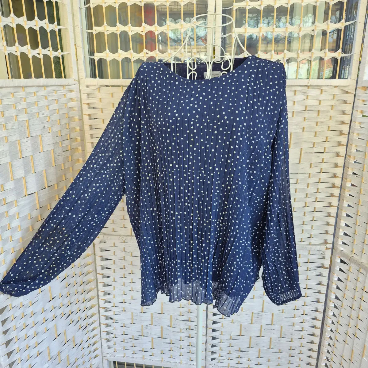 Modissima Milano Navy Blue Polka Dot Pleated Blouse - Size XL (Made in Italy)