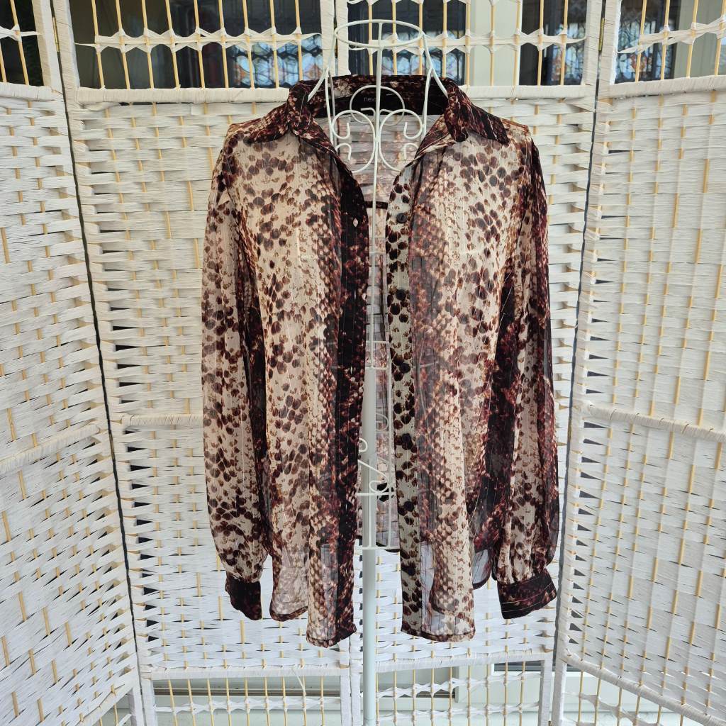 Next Metallic Animal Print Sheer Blouse Brown Snakeskin Shimmer Shirt