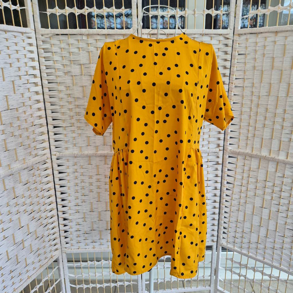 Wednesday's Girl Yellow/Black Polka Dot Smock Dress Short Sleeve