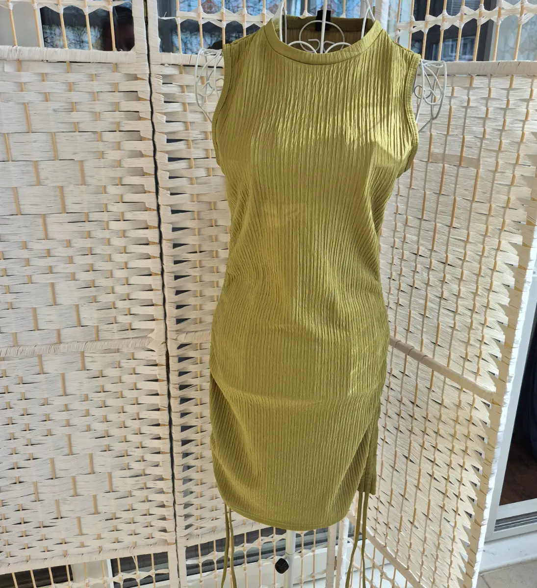 Olive Green Plisse Ruched Midi Dress - Size M (UK8/10)