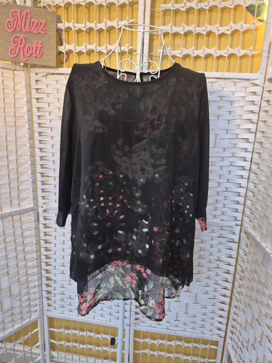Klass Black Floral Sheer Layered Blouse with Laser Cut-Out Details - Size 12