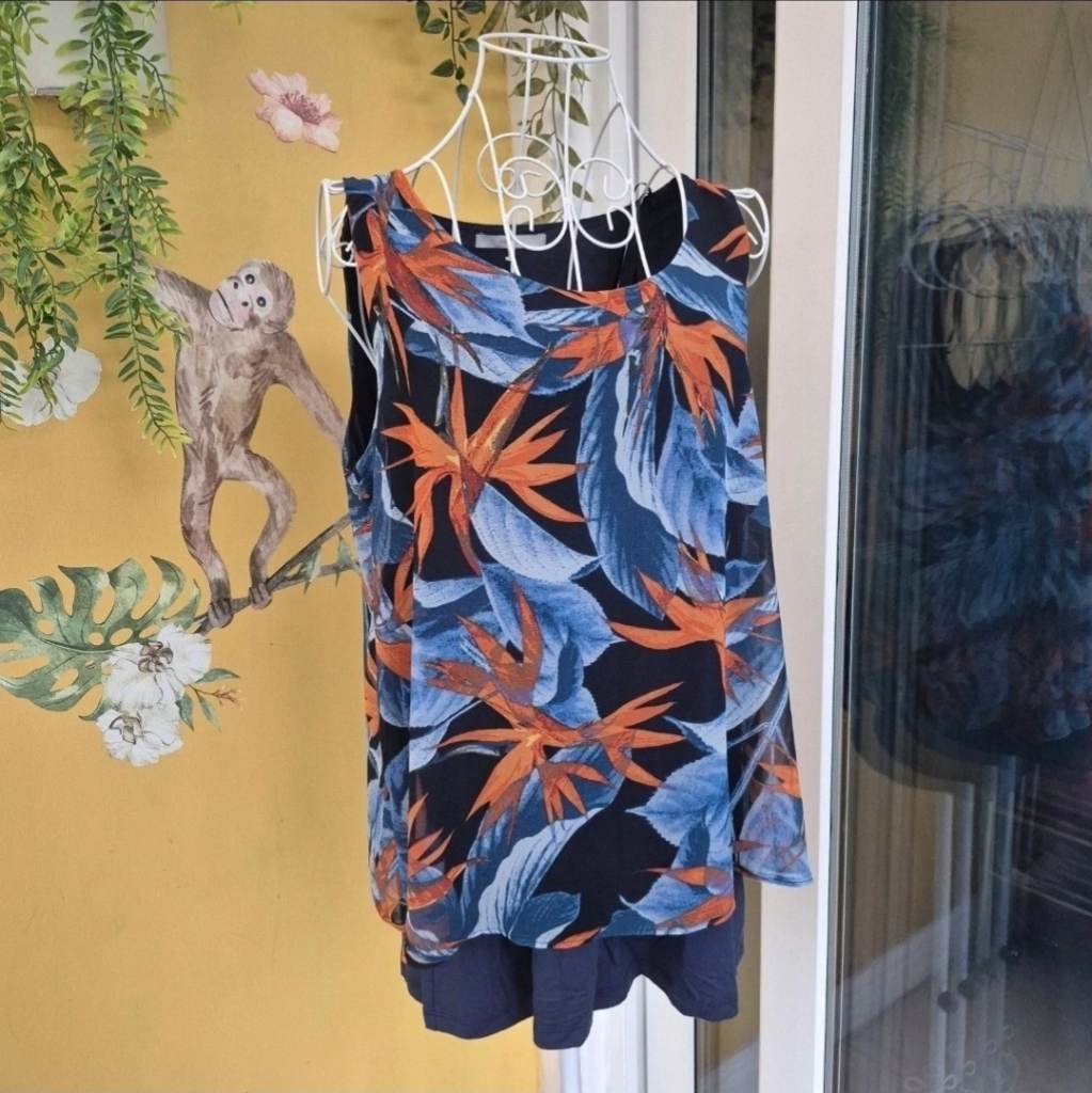 George Navy Blue Orange Floral Sleeveless Round Neck Blouse Size 14