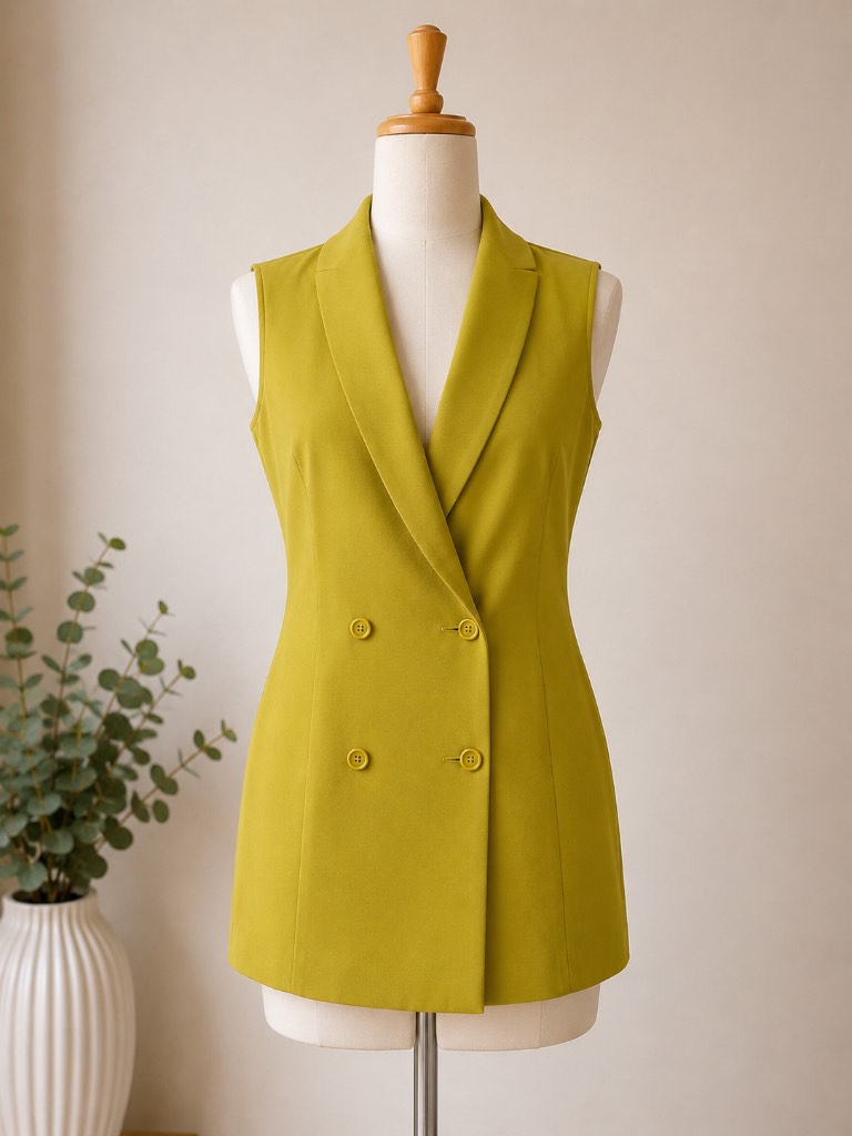 Topshop Sleeveless Longline Blazer Waistcoat - Mustard Green - Size 8 UK- Brand New