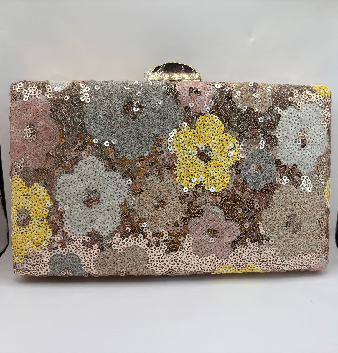 Floral Sequin Evening Clutch Bag Gold Hard Shell Wedding Party Box Bag