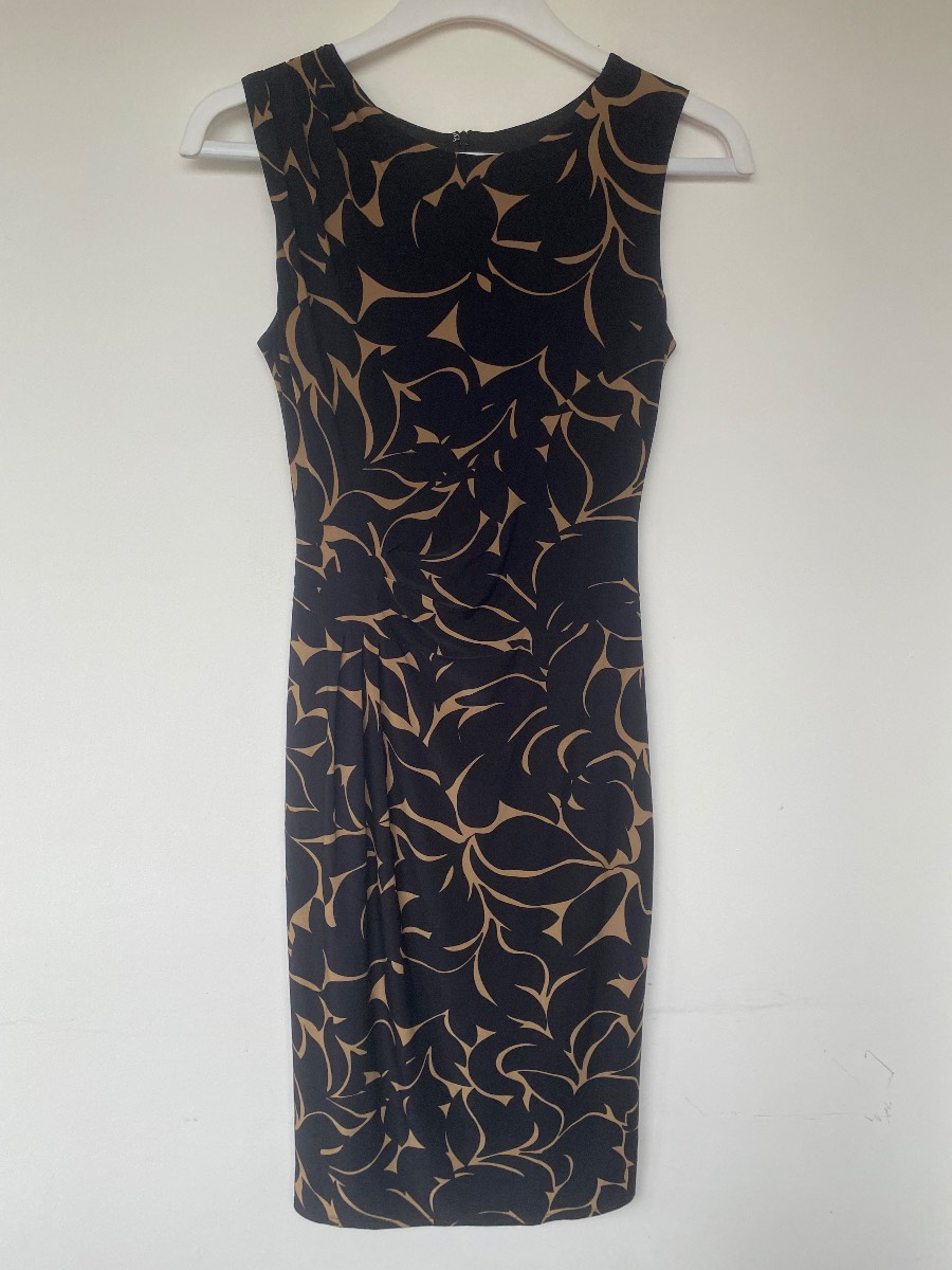 Phase Eight Black & Gold Leaf Print Ruched Wiggle Dress - Size 8