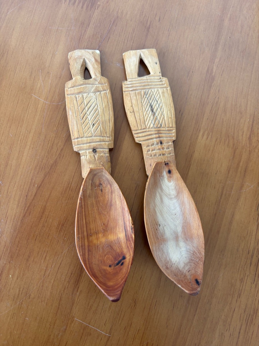Pair of Vintage Hand Carved Wooden Welsh Love Spoons folk art decor boho
