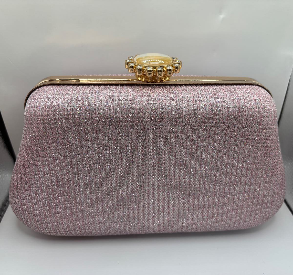 Pink Glitter Sparkly Hardcase Clutch Bag With Removable Gold Chain Strap
