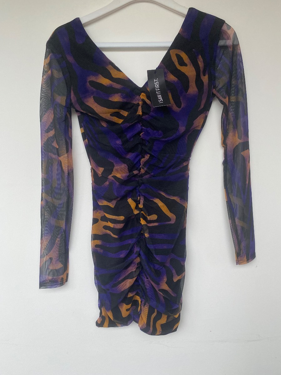 I Saw It First Purple and Orange Tiger Print Mesh Ruched Bodycon Mini Dress Size 8