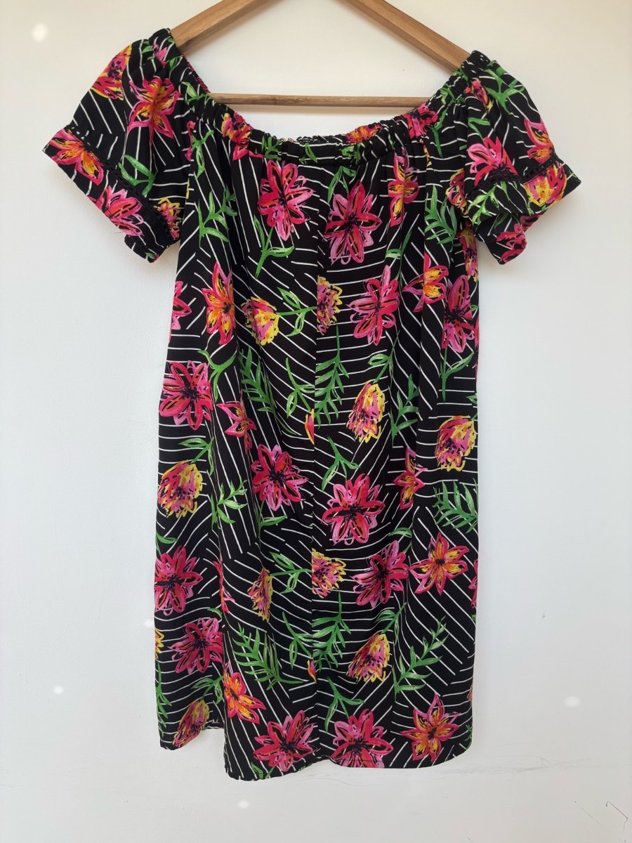 Black Floral Stripe Off The Shoulder Mini Dress / Top Size 16