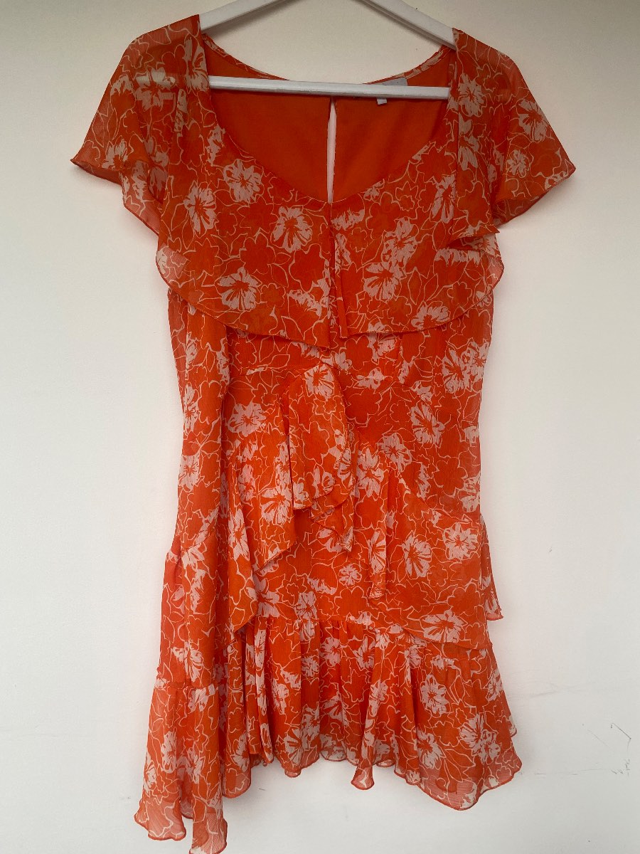 Next Orange Floral Chiffon Ruffle Tiered Mini Dress Size 16 Summer Wedding Guest