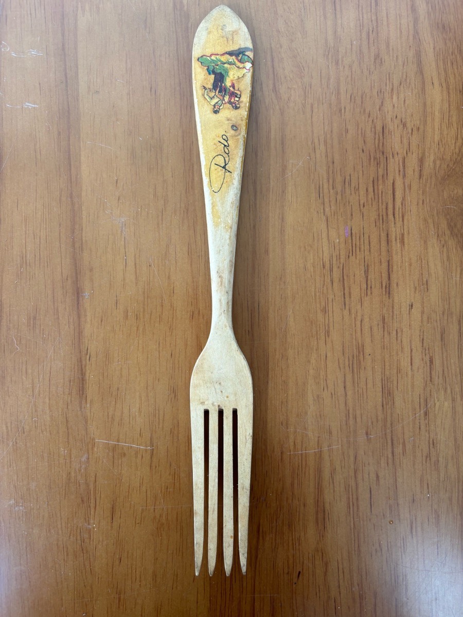 Vintage Hand Carved Wooden Fork With Spanish Flamenco Dancers Decal Souvenir Retro