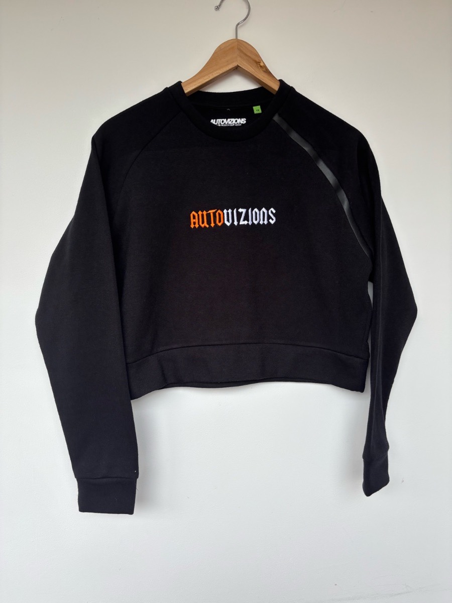 Autovizions Black Cropped Embroidered Sweatshirt Jumper Size XS Y2K street wear style