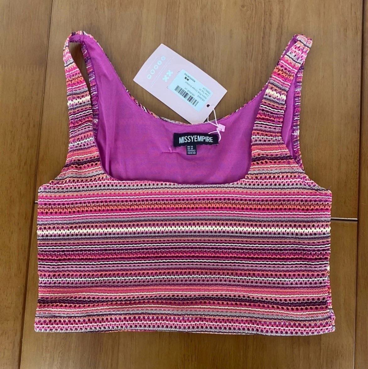 Missy Empire  Pink Striped Knitted Crop Top Size 14 Festival Summer Holiday Boho Beach