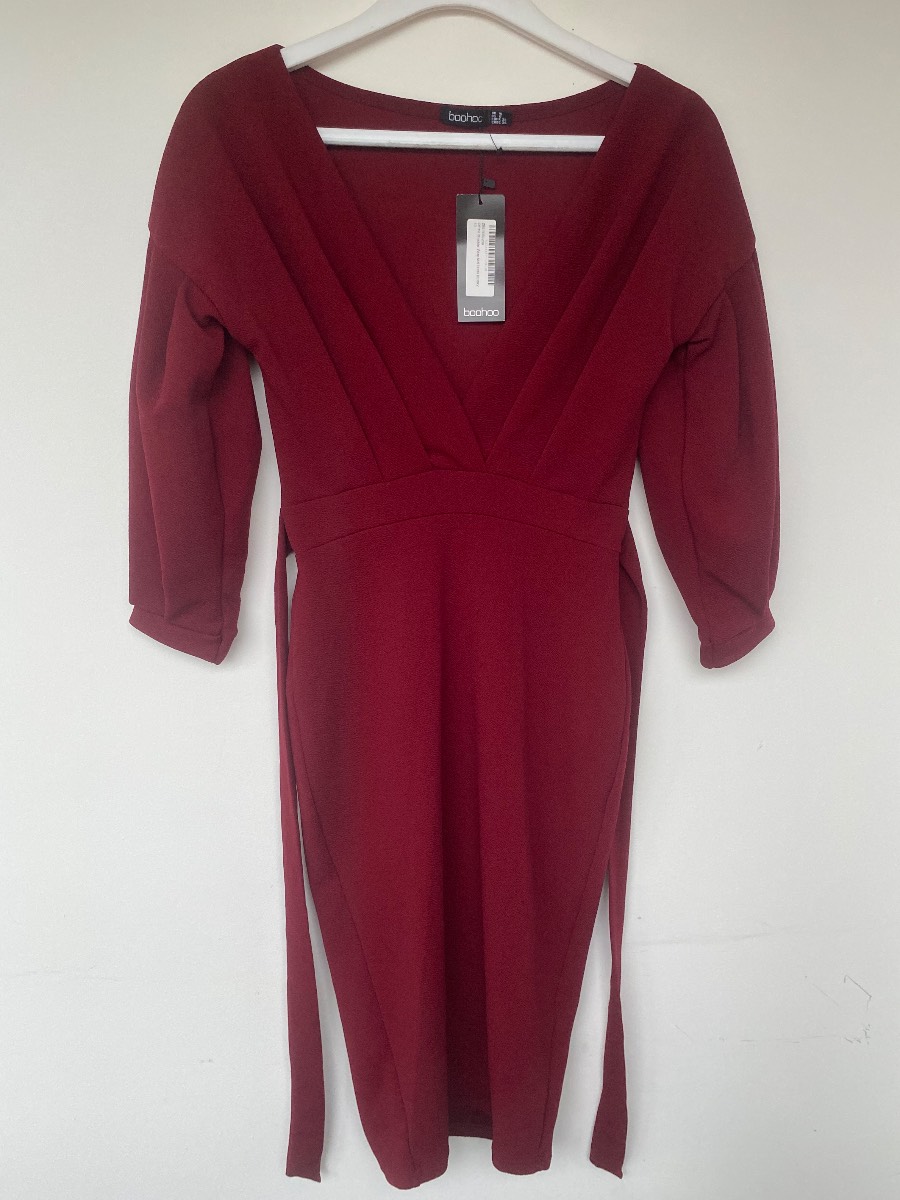 Boohoo Off The Shoulder Wrap Midi Dress Berry Red Size 10 BNWT
