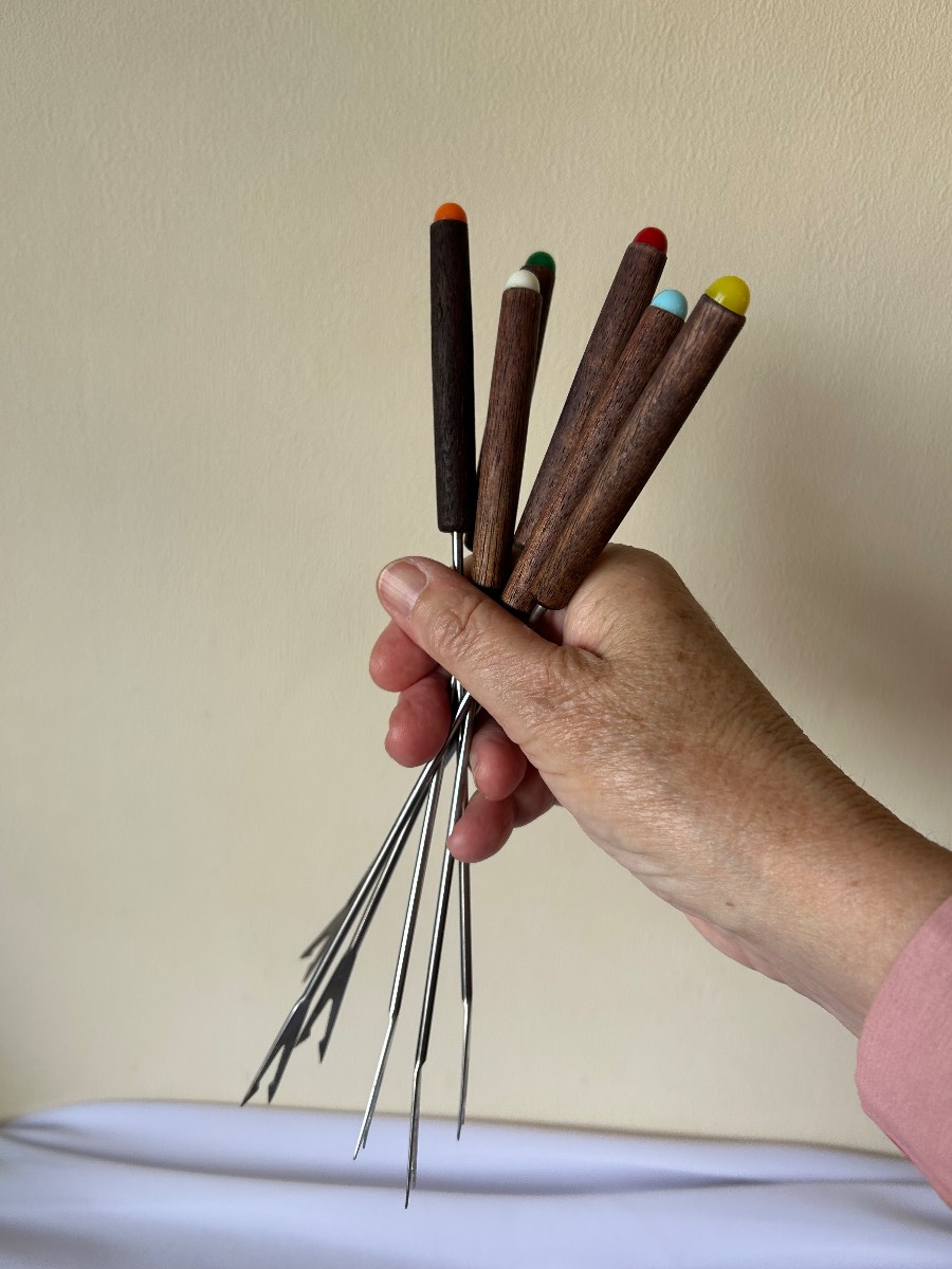 Set of 6  Vintage Fondue Forks, Teak And Multicolours in great vintage condition