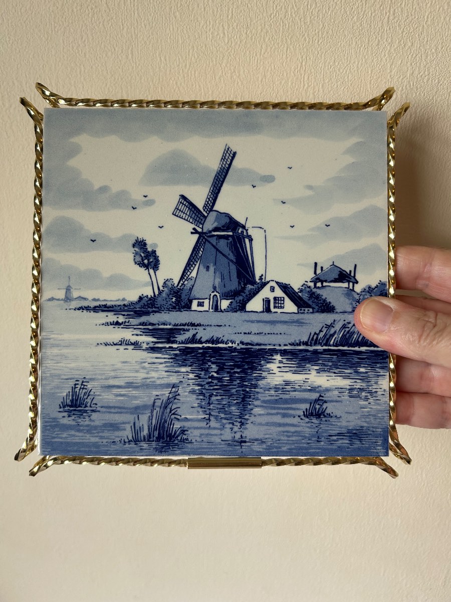 Vtg Delft Blue Holland Windmill Tile Hand Painted Hanging 17cm sq Dutch orig pkg