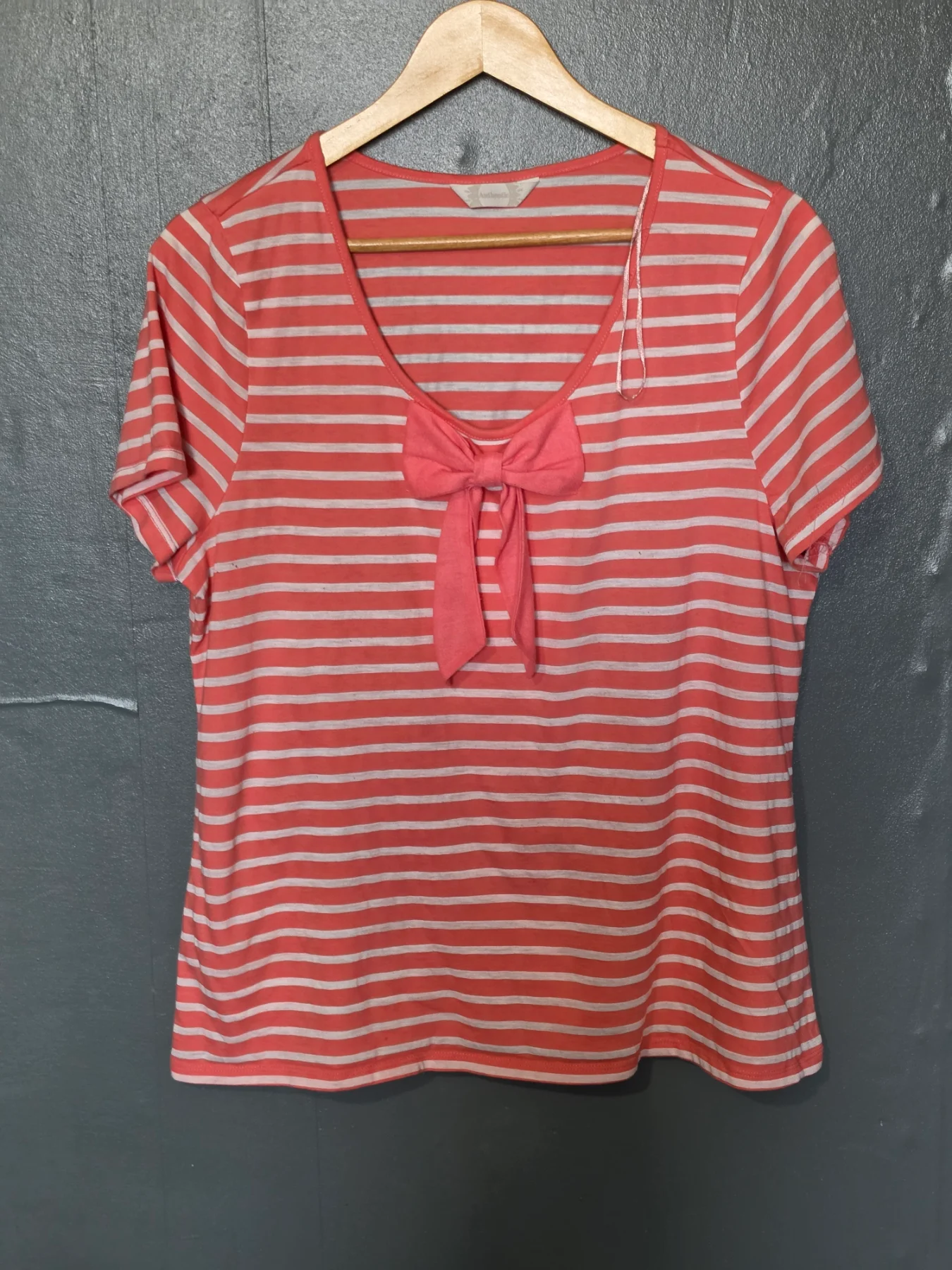 BHS Coral Pink & White Striped Bow Front T-Shirt | Plus Size UK 20 / EUR 48
