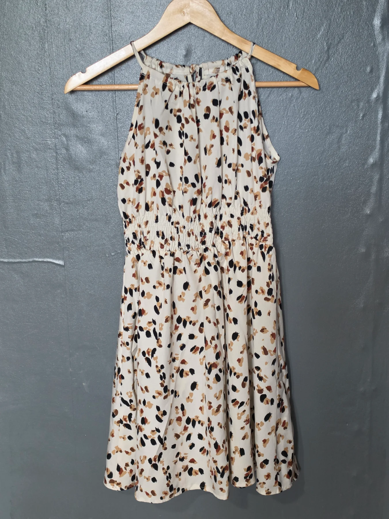 SHEIN XS UK 6 Abstract Leopard Halter Neck Smocked Mini Dress Summer Holiday VGC