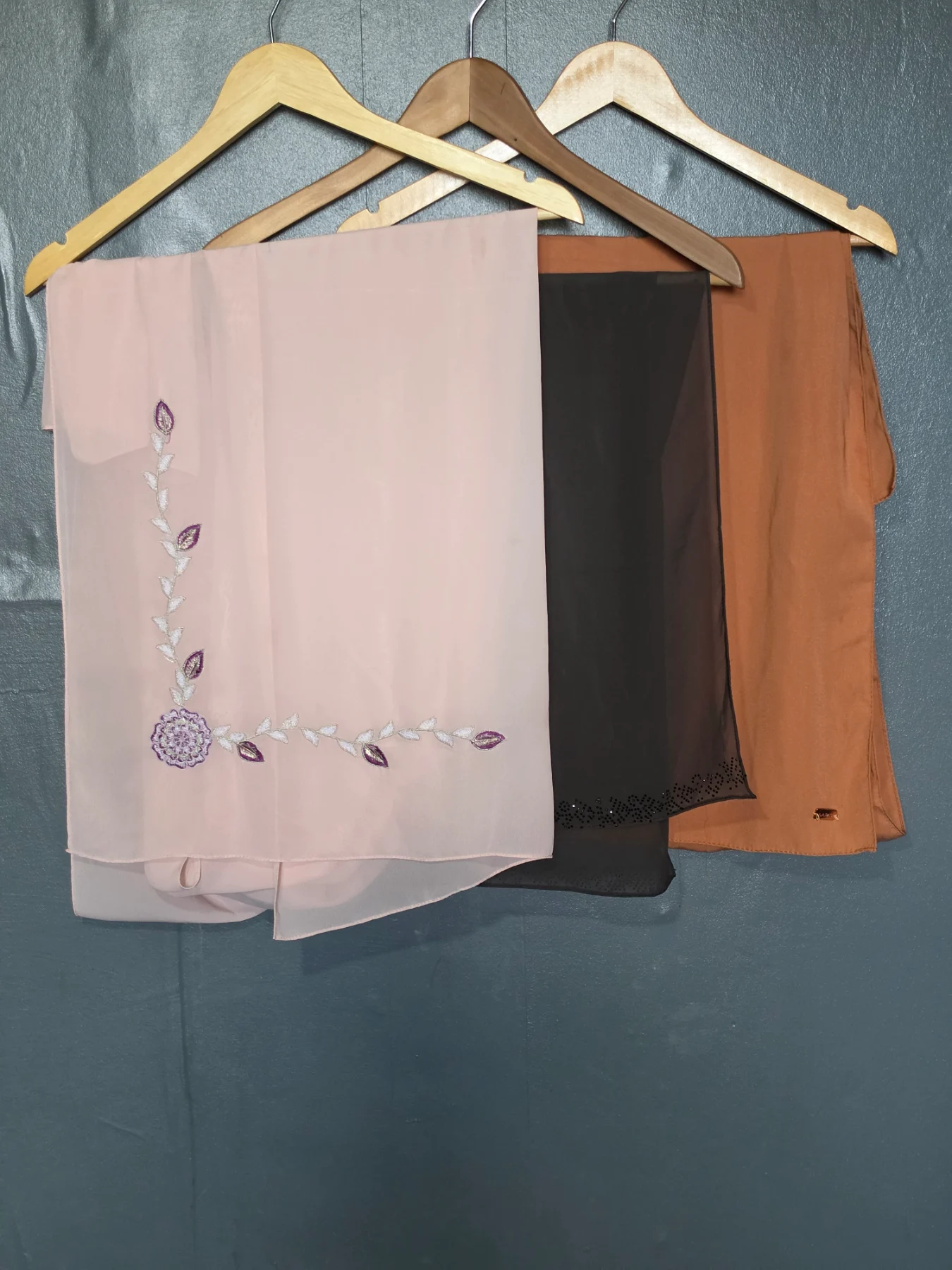 Bundle of 3 Hijab Scarves – AAPAS Rust Brown, Chiffon Embellished Pink & Diamante Black