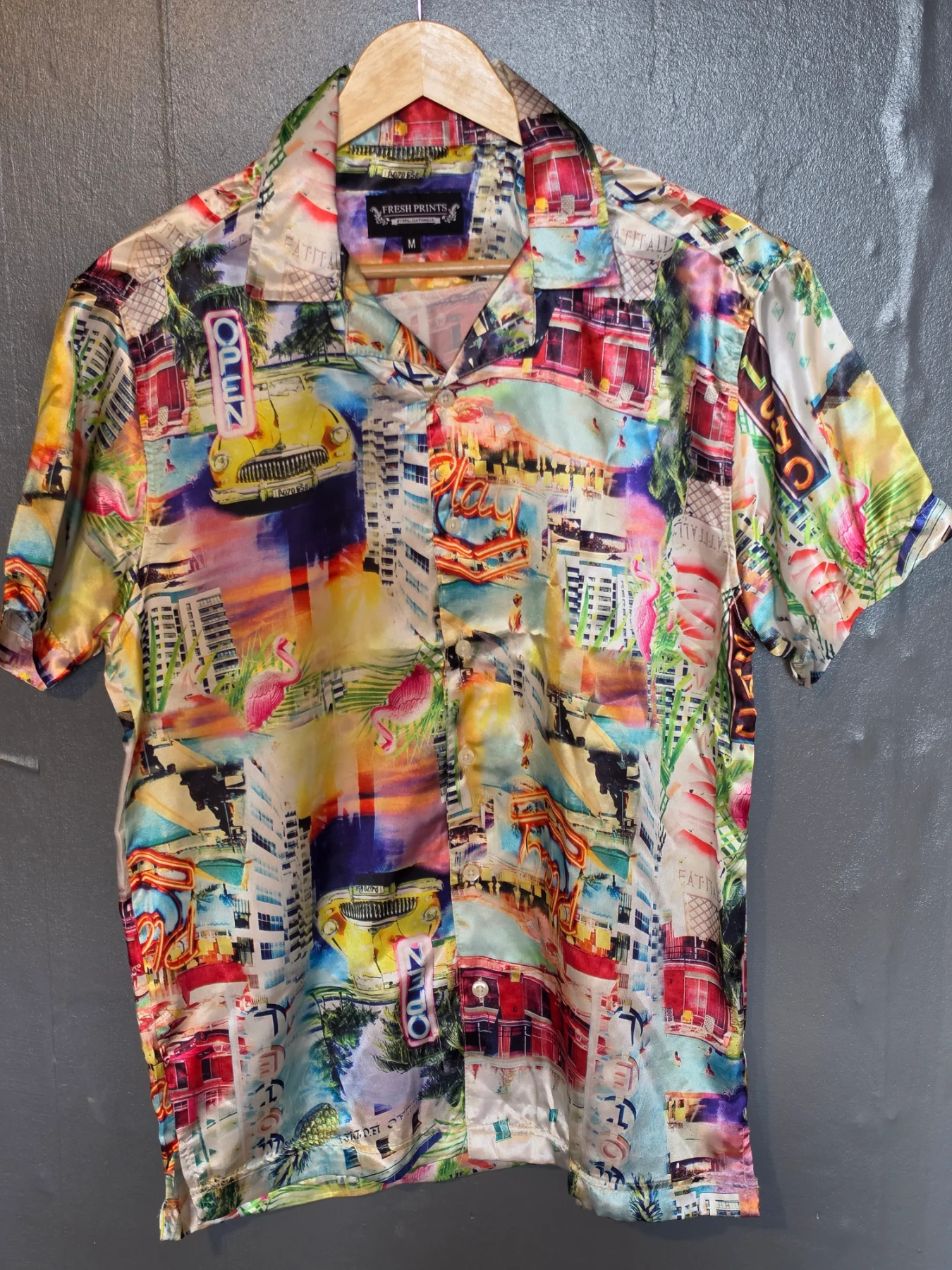 Fresh Prints by Drill Clothing Co. Retro Miami Casino Satin Button Up Shirt Men's M