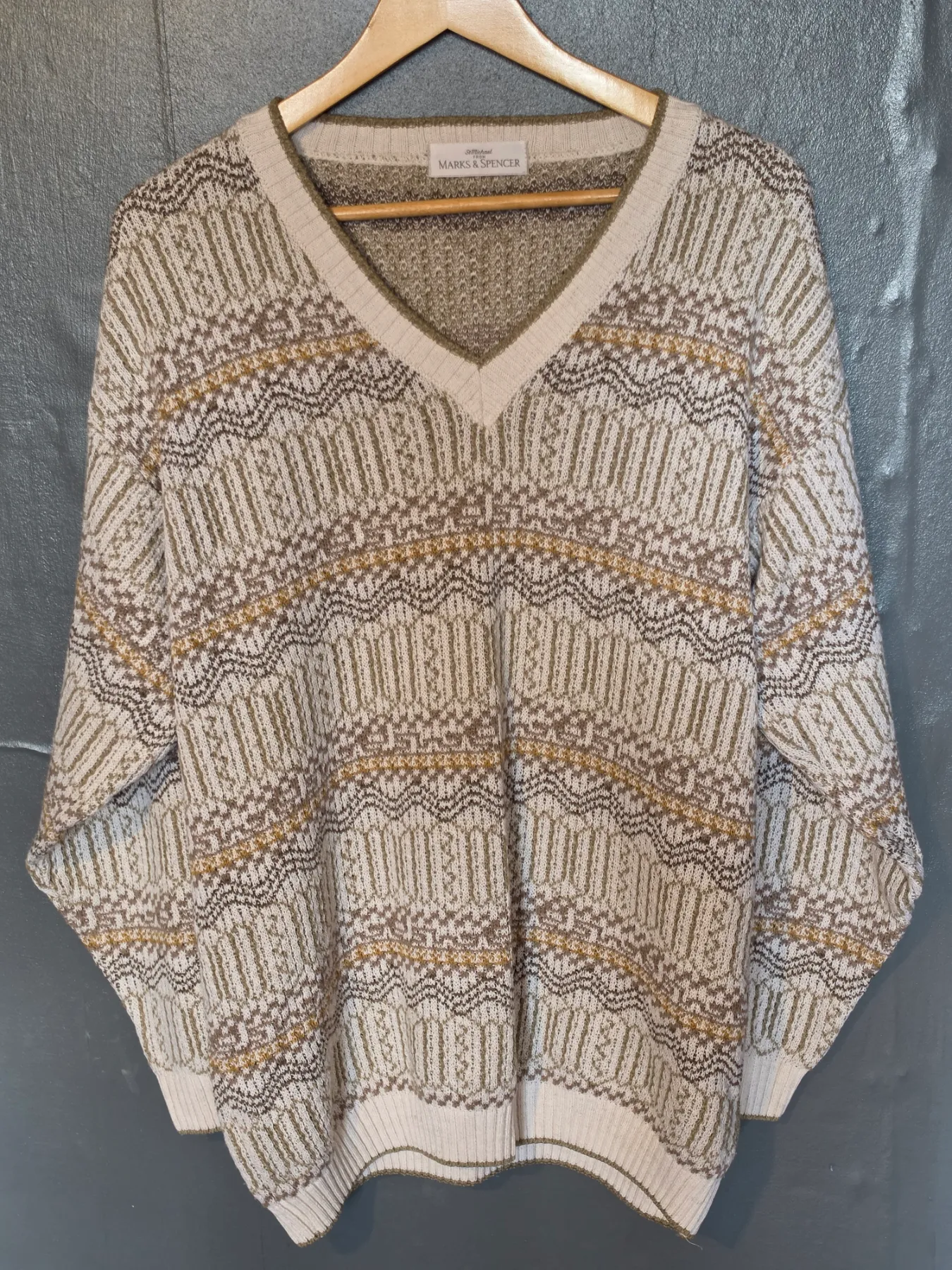 Vintage St Michael Made in UK V-Neck Jumper - Beige Geometric Grandpa Sweater Size L