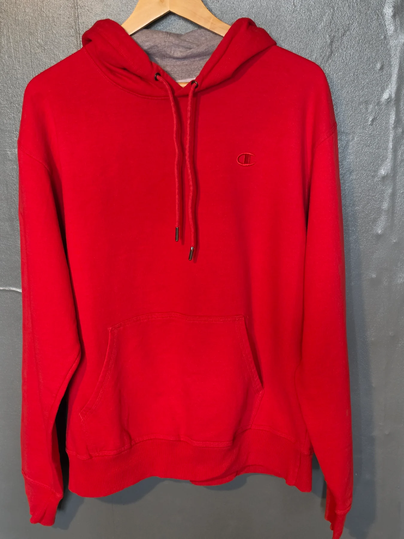 Champion Red Pullover Hoodie with Gray Inner Hood Lining - Size L