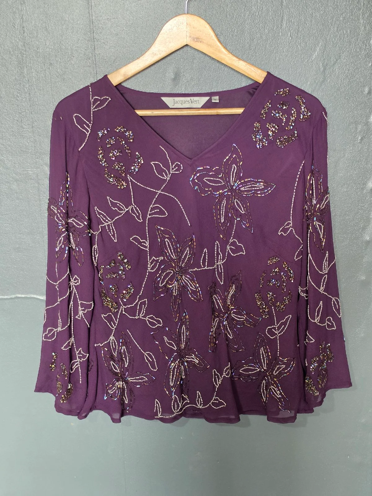 Vintage Jacques Vert Plum Purple Beaded Blouse – UK Size 16 (Flaws)