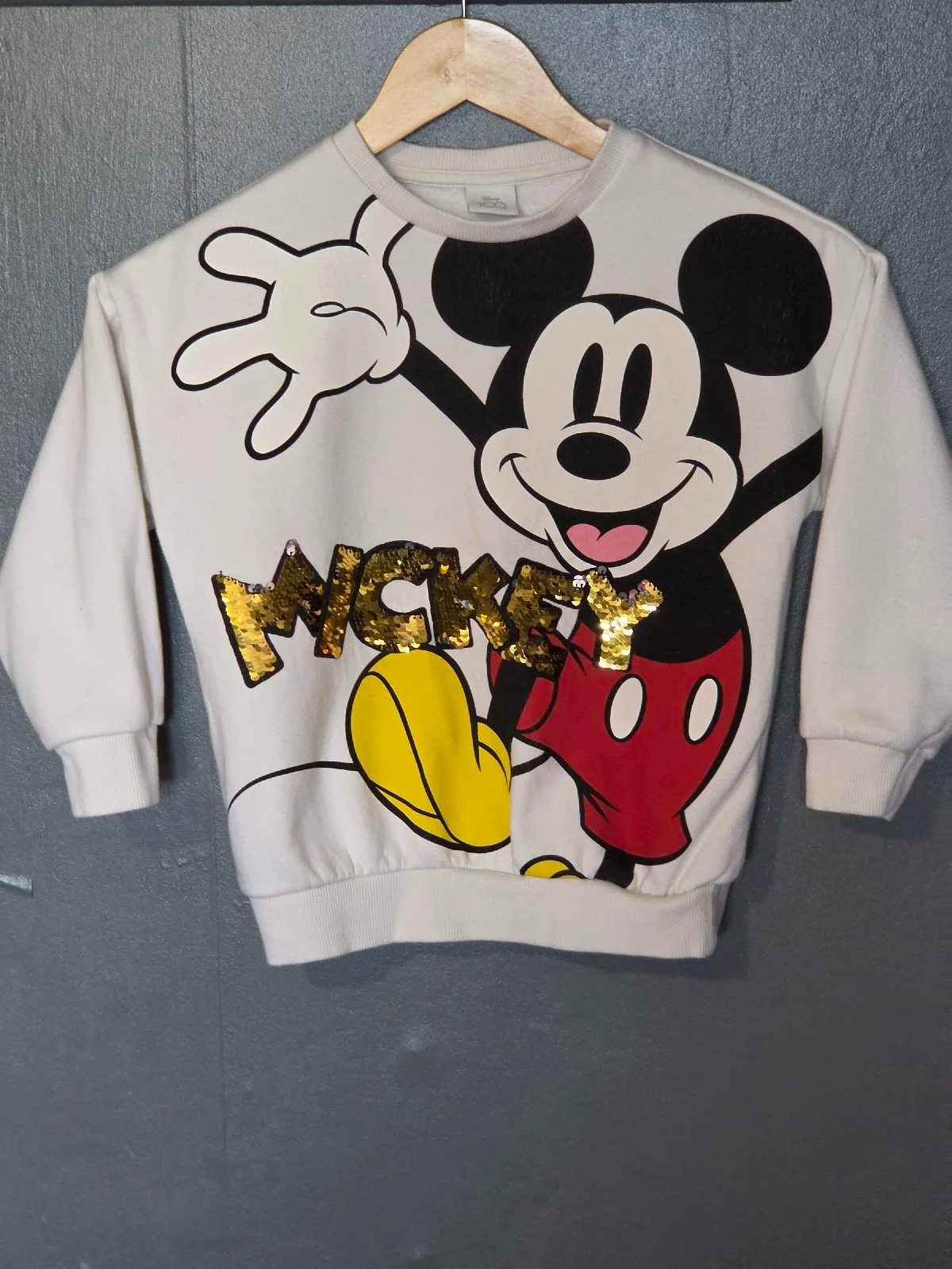 Disney 100th Anniversary Kids Jumper Cream Mickey & Donald Sequin Top 5-6Y